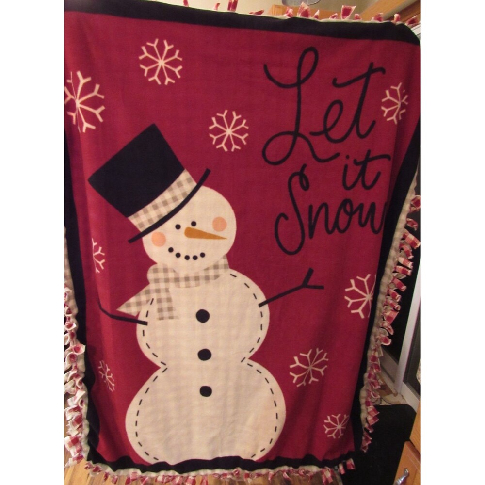 Handmade Tie Soft Fleece Throw Blanket Holiday Winter Snowman Red White NWOT